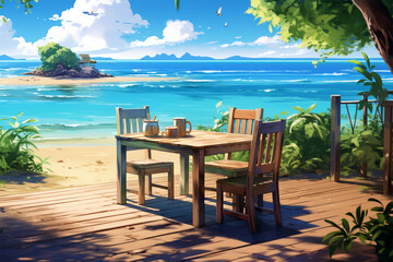 Generative AI.
anime style background of a table on the beach