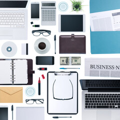 Business desktop stationery, laptops, mobile phone and devices composing a business background, top view