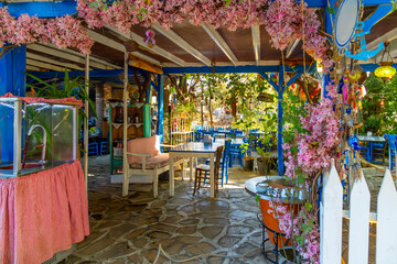 Fototapeta na wymiar A colorful Turkish cafe in the rural village of Şirince, Turkey, near the ruins of Ephesus.