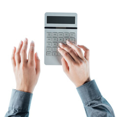 Business woman using a calculator on white background, hands close up, top view