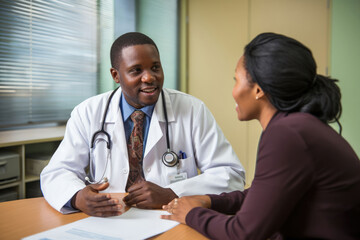 African doctor explaining diagnosis to patient - obrazy, fototapety, plakaty
