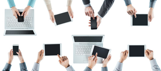 Business people team social networking, using computers, tablets and smartphones, top view, white background