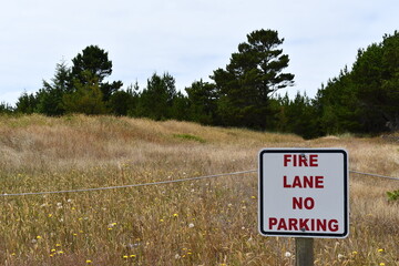 Fire lane no parking sign, field in background.
