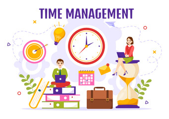 Time Management Vector Illustration with Clock Controls and Tasks Planning Training Activities Schedule in Flat Cartoon Hand Drawn Templates