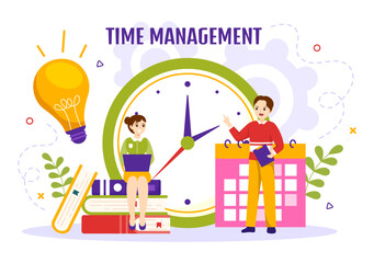 Time Management Vector Illustration with Clock Controls and Tasks Planning Training Activities Schedule in Flat Cartoon Hand Drawn Templates