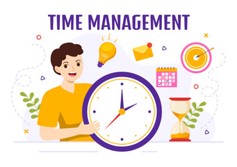 Time Management Vector Illustration with Clock Controls and Tasks Planning Training Activities Schedule in Flat Cartoon Hand Drawn Templates