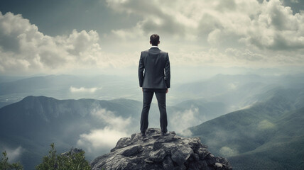 Business man standing on the top of the mountain looking at the valley. Business success concept. generative ai