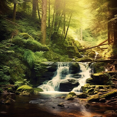 Obraz premium beautiful waterfall in green forest. generative ai.