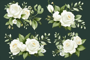 Set of romantic white roses branches, leaves and blossoms. Watercolor Isolated hand drawn illustration for wedding design: card, invitation, menu decor. generative ai.
