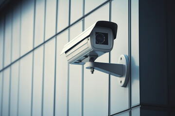 Fototapeta na wymiar Security surveillance camera on wall, modern building. CCTV in city