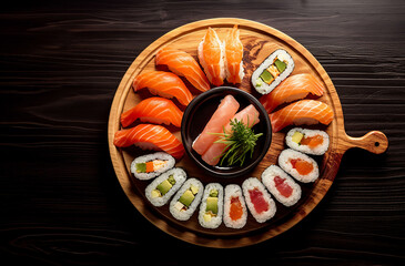 Japanese cuisine. Sushi set on a round plate over dark wooden background.,top view. generative ai.