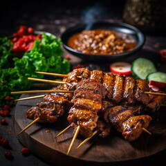 Close up Thai Grilled Pork Satay. Thai food. Generative Ai.