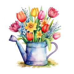 tulips in a watering can .watercolor illustration for the design of postcards and posters. spring bouquet in watercolor. generative ai.