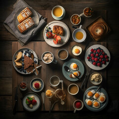 Healthy breakfast set on table. The concept of delicious and healthy food. generative ai.