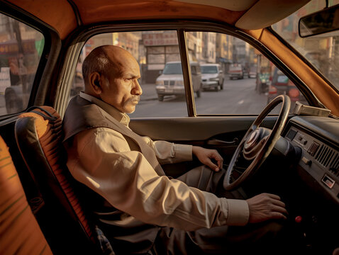 Mature adult man driving a taxi through the streets of Cabul, Afghanistan