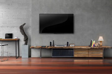 Living room led tv on concrete wall with wooden table media furniture modern loft style