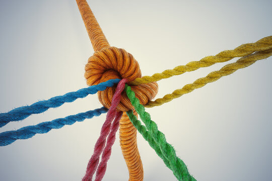 3D Rendering different colored ropes tied together with a knot