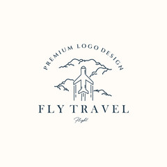 airplane travel in the sky line art logo vector minimalist illustration design, airplane flying high logo design