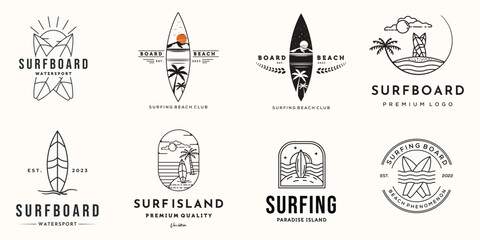 set of surfboard nature logo line art vintage vector illustration concept template icon design, collection of surf water sport of ocean with landscape view concept vector illustration logo design