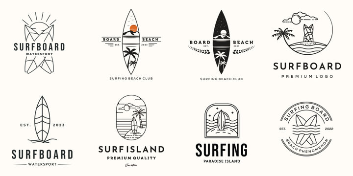 Set Of Surfboard Nature Logo Line Art Vintage Vector Illustration Concept Template Icon Design, Collection Of Surf Water Sport Of Ocean With Landscape View Concept Vector Illustration Logo Design