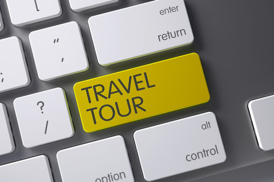 Travel Tour Concept Aluminum Keyboard with Travel Tour on Yellow Enter Button Background, Selected Focus. 3D Illustration.