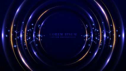 Abstract glowing blue light with golden circle and glitter light effects decoration on dark blue background. Vector illustration
