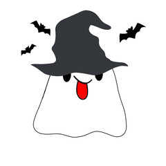 Cute cartoon Halloween ghost with black hat and bats. Vector illustration.