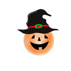 Halloween pumpkin with hat isolated on white background. Vector illustration.
