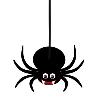 Black spider on a rope isolated on white background. Vector illustration.