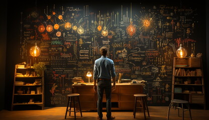An photo showcasing a person standing in front of a chalkboard covered in complex formulas and calculations. Based on Generative Ai.