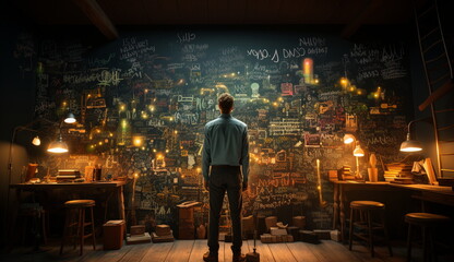 An photo showcasing a person standing in front of a chalkboard covered in complex formulas and calculations. Based on Generative Ai.