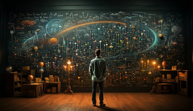 An photo showcasing a person standing in front of a chalkboard covered in complex formulas and calculations. Based on Generative Ai.