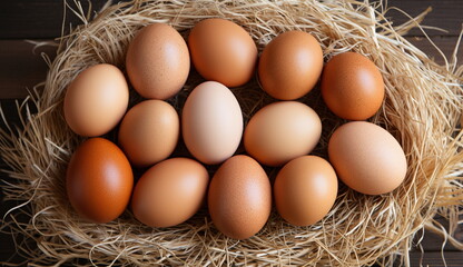 A close-up shot of a collection of fresh, organic chicken eggs neatly arranged in a traditional chicken coop. Based on Generative Ai.
