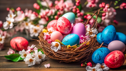 Obraz na płótnie Canvas dyed in different colors Easter eggs in basket and flowers, celebration of religious holidays, made with Generative AI