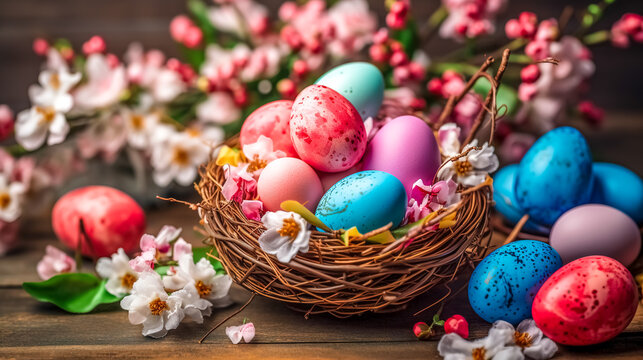 dyed in different colors Easter eggs in basket and flowers, celebration of religious holidays, made with Generative AI