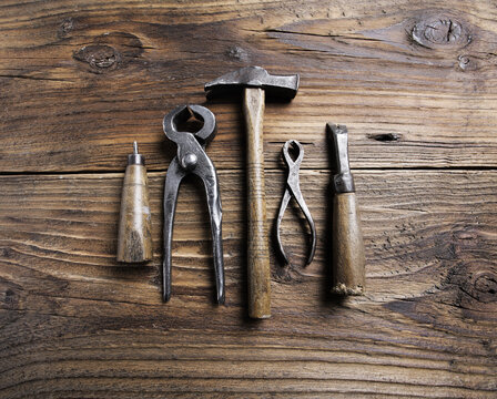 Carpenter's tools on a old wooden table