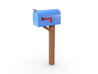 A 3D rendering of a blue and empty US Mailbox, closed with clean casing and red flag down.
