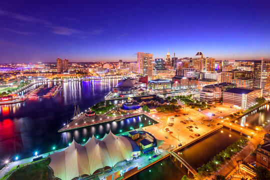Baltimore, Maryland, USA downtown skyline at twilight.