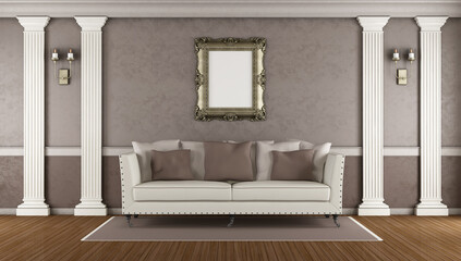 Brown classic living room with elegant sofa ,white pilaster and golden frame - 3d rendering - obrazy, fototapety, plakaty