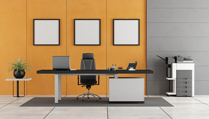 Gray and orange modern office with concrete wall ,desk and photocopier- 3d rendering