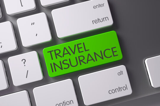 Travel Insurance Concept Metallic Keyboard with Travel Insurance on Green Enter Keypad Background, Selected Focus. 3D Illustration.