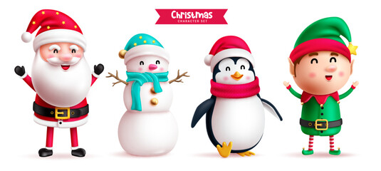 Christmas characters vector set design. Christmas santa claus, snowman, penguin and elf cartoon character isolated in white background. Vector illustration cartoon character collection. - obrazy, fototapety, plakaty