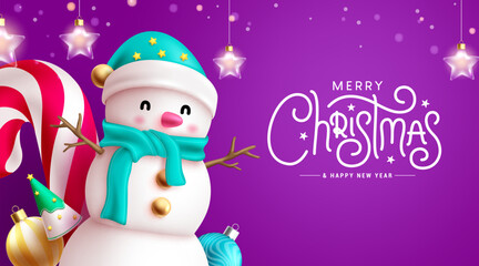 Merry christmas text vector design. Christmas and happy new year greeting with snow man and candy cane seasonal elements. Vector illustration in elegant holiday background.