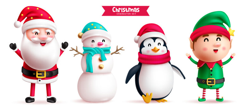 Christmas characters vector set design. Christmas santa claus, snowman, penguin and elf cartoon character isolated in white background. Vector illustration cartoon character collection.