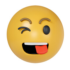 Fototapeta premium 3d Winking Face with Tongue. yellow emoji sticking out her tongue and winking. Wackiness, buffoonery. icon isolated on gray background. 3d rendering illustration. Clipping path.