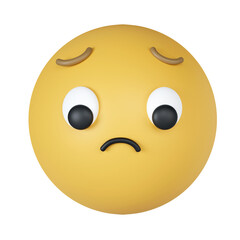 3d Frowning Face. Sad yellow emoji with steep frown. Concern, disappointment and sadness. icon isolated on gray background. 3d rendering illustration. Clipping path.