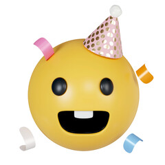 3d Emoticon emojis in party hats with confetti celebration elements for birth day happy and funny character collection. icon isolated on gray background. 3d rendering illustration. Clipping path.