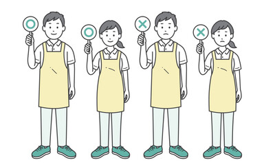 ⚪︎と×の札を上げる介護士男女