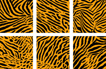 Seamless collection of tiger and jaguar skin patterns. Black-orange beast skin for printing on fabric