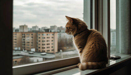 Orange cat lonely looks out of the window as he is far from his owner who has to work outside. Pets and animal concept. Generative AI